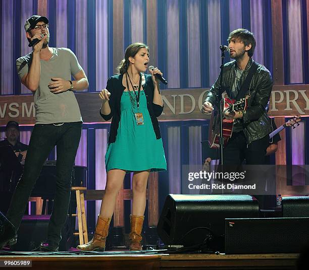 Singer/Songwriters Charles Kelley, Hillary Scott and Dave Haywood of Lady Antebellum rehearse for the Music City Keep on Playin' benefit concert at...