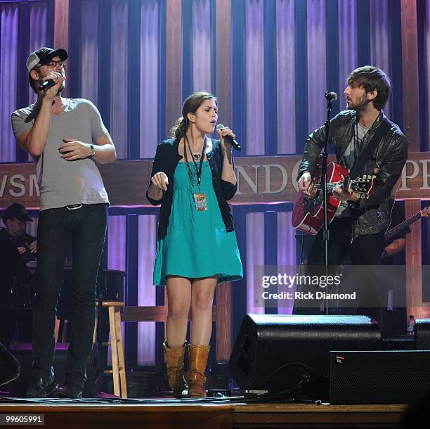 Singer/Songwriters Charles Kelley, Hillary Scott and Dave Haywood of Lady Antebellum rehearse for the Music City Keep on Playin' benefit concert at...