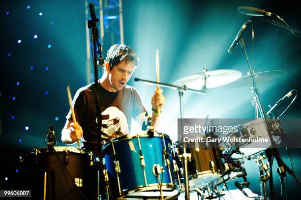 Logan Kroeber of The Dodos performs on stage during day three of Pavement Curated All Tomorrow's Parties Festival at Butlins Holiday Centre on May...