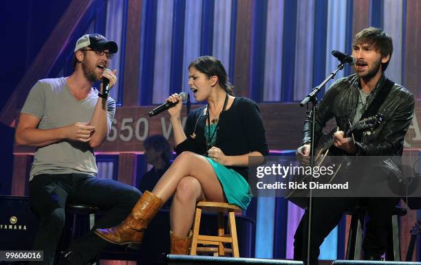 Singer/Songwriters Charles Kelley, Hillary Scott and Dave Haywood of Lady Antebellum rehearse for the Music City Keep on Playin' benefit concert at...