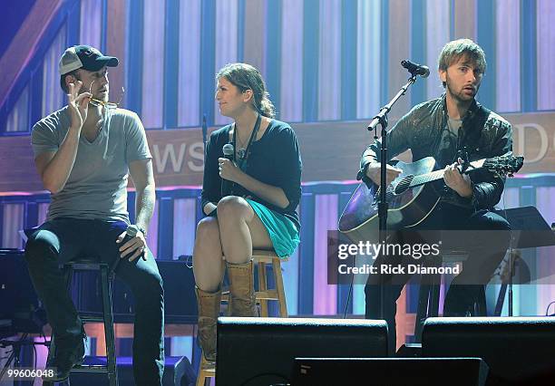 Singer/Songwriters Charles Kelley, Hillary Scott and Dave Haywood of Lady Antebellum rehearse for the Music City Keep on Playin' benefit concert at...