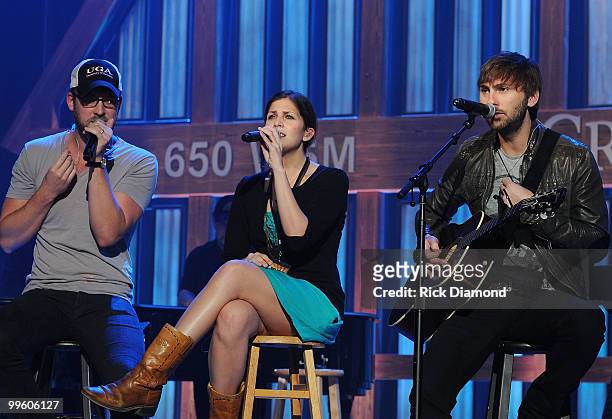 Singer/Songwriters Charles Kelley, Hillary Scott and Dave Haywood of Lady Antebellum rehearse for the Music City Keep on Playin' benefit concert at...