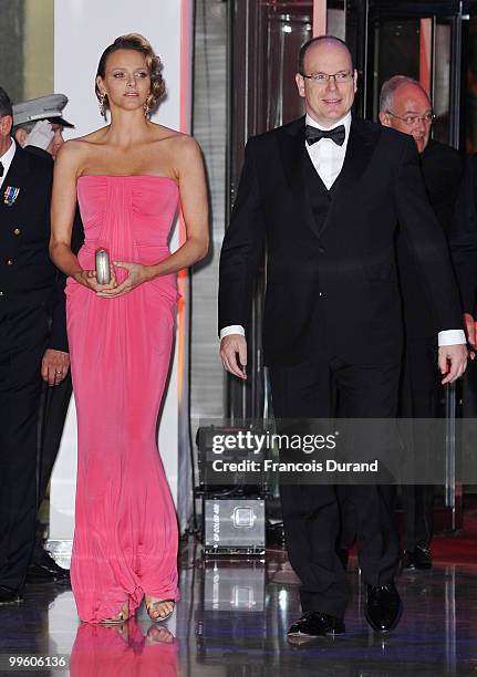 Charlene Wittstock and Prince Albert II of Monaco arrive to attend the Gala dinner of the Monaco Formula One Grand Prix at the Monte Carlo sporting...