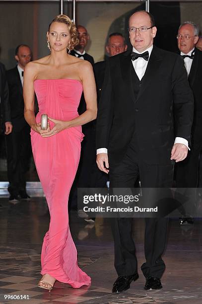 Charlene Wittstock and Prince Albert II of Monaco arrive to attend the Gala dinner of the Monaco Formula One Grand Prix at the Monte Carlo sporting...