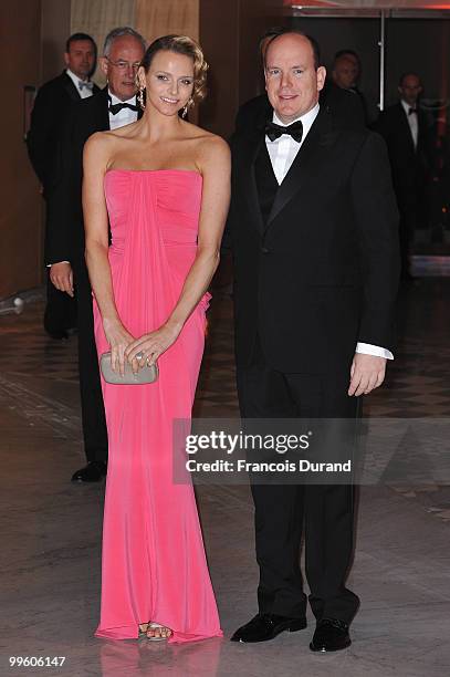 Charlene Wittstock and Prince Albert II of Monaco arrive to attend the Gala dinner of the Monaco Formula One Grand Prix at the Monte Carlo sporting...