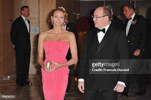 Charlene Wittstock and Prince Albert II of Monaco arrive to attend the Gala dinner of the Monaco Formula One Grand Prix at the Monte Carlo sporting...
