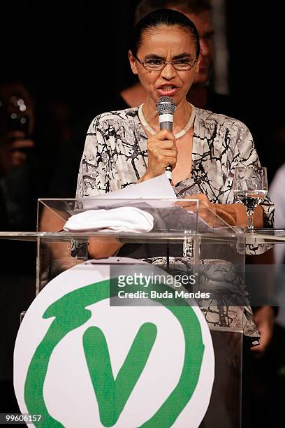 Pre-Candidate Marina Silva speaks during a conference to launch her campaign for the 2010 Presidential Elections at Casa de Shows Rio Sampa on May...