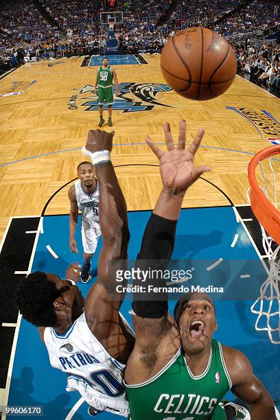 Glen Davis of the Boston Celtics shoots against Mickael Pietrus of the Orlando Magic in Game One of the Eastern Conference Finals during the 2010 NBA...