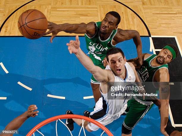 Tony Allen of the Boston Celtics blocks a shot against JJ Redick of the Orlando Magic in Game One of the Eastern Conference Finals during the 2010...