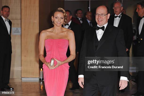 Charlene Wittstock and Prince Albert II of Monaco arrive to attend the Gala dinner of the Monaco Formula One Grand Prix at the Monte Carlo sporting...