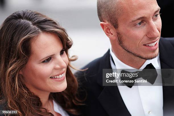 Laure Manaudou and Frederick Bousquet depart the 'The Princess of Montpensier' Premiere held at the Palais des Festivals of Cannes on May 16, 2010 in...