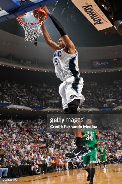 Vince Carter of the Orlando Magic dunks against the Boston Celtics in Game One of the Eastern Conference Finals during the 2010 NBA Playoffs on May...