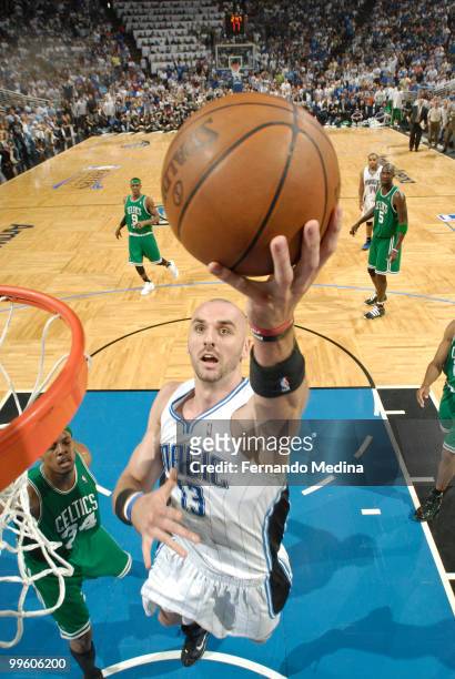 Marcin Gortat of the Orlando Magic shoots against the Boston Celtics in Game One of the Eastern Conference Finals during the 2010 NBA Playoffs on May...