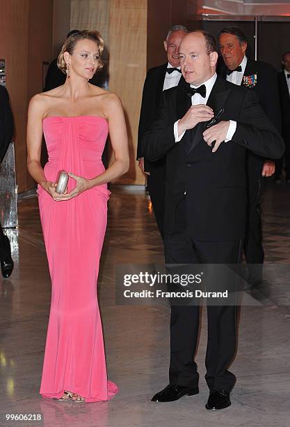 Charlene Wittstock and Prince Albert II of Monaco arrive to attend the Gala dinner of the Monaco Formula One Grand Prix at the Monte Carlo sporting...