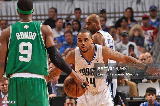 Jameer Nelson of the Orlando Magic defends against Rajon Rondo of the Boston Celtics in Game One of the Eastern Conference Finals during the 2010 NBA...