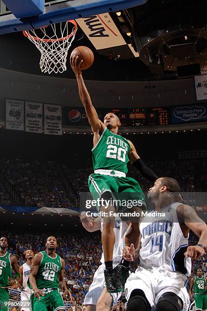 Ray Allen of the Boston Celtics shoots against the Orlando Magic in Game One of the Eastern Conference Finals during the 2010 NBA Playoffs on May 16,...