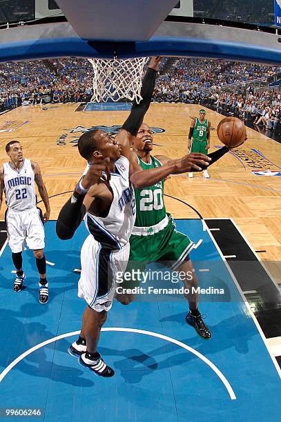 Ray Allen of the Boston Celtics shoots against Dwight Howard of the Orlando Magic in Game One of the Eastern Conference Finals during the 2010 NBA...