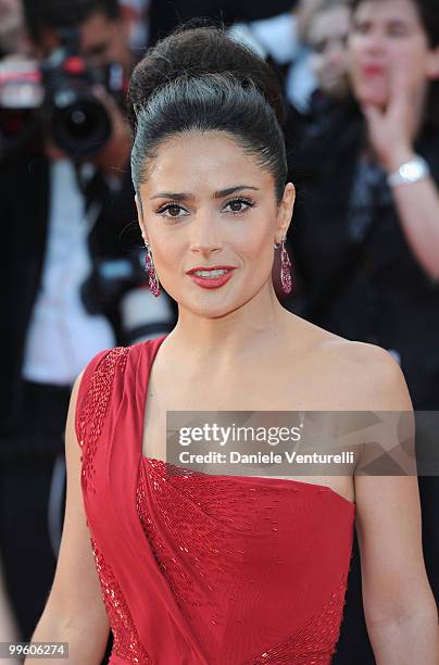 Actress Salma Hayek attends the Premiere of 'Wall Street: Money Never Sleeps' held at the Palais des Festivals during the 63rd Annual International...