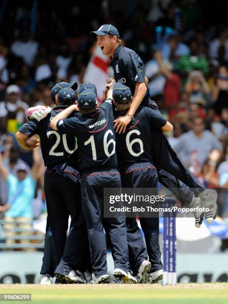 England players celebrate the wicket of Brad Haddin during the final of the ICC World Twenty20 between Australia and England at the Kensington Oval...
