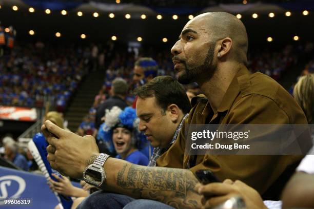 Carlos Boozer of the Utah Jazz attends Game One of the Eastern Conference Finals between the Orlando Magic and the Boston Celtics during the 2010 NBA...