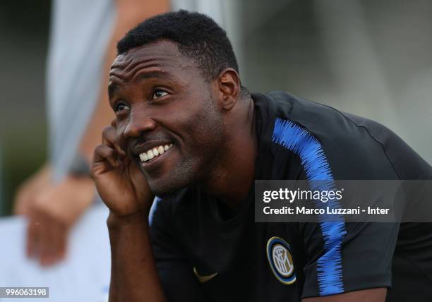 Kwadwo Asamoah of FC Internazionale looks on during the FC Internazionale training session at the club's training ground Suning Training Center in...