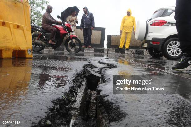 Cracks developed on Saket bridge Thane on Tuesday, following which one lane has been closed for traffic, on July 10, 2018 in Mumbai, India. Heavy...