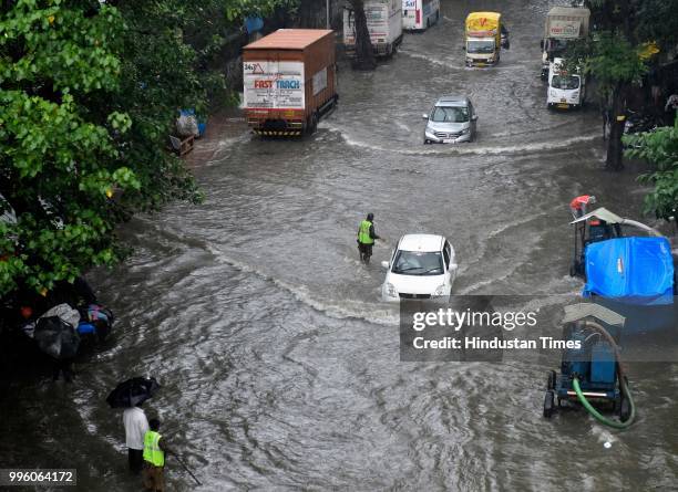 Water logging at N M Joshi Marg, Worli, on July 10, 2018 in Mumbai, India. Heavy rains across Mumbai city and adjoining areas continue to affect...