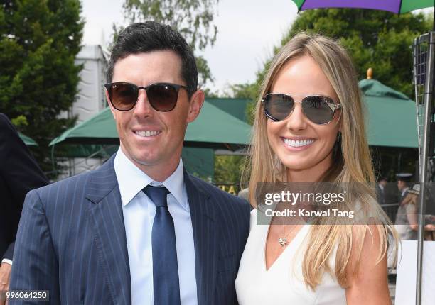 Rory McIlroy and Erica Stoll attend day nine of the Wimbledon Tennis Championships at the All England Lawn Tennis and Croquet Club on July 11, 2018...