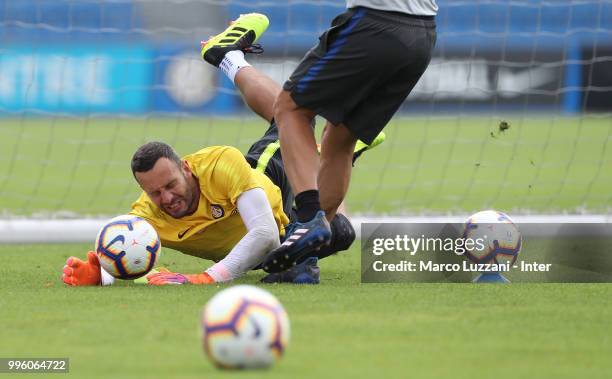 Samir Handanovic of FC Internazionale makes a save during the FC Internazionale training session at the club's training ground Suning Training Center...