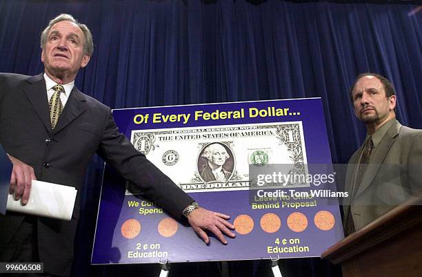 Sens. Tom Harkin, D-IA, and Paul Wellstone, D-MN, in the Senate Studio at a press conference on education urging President Bush to "leave no child...