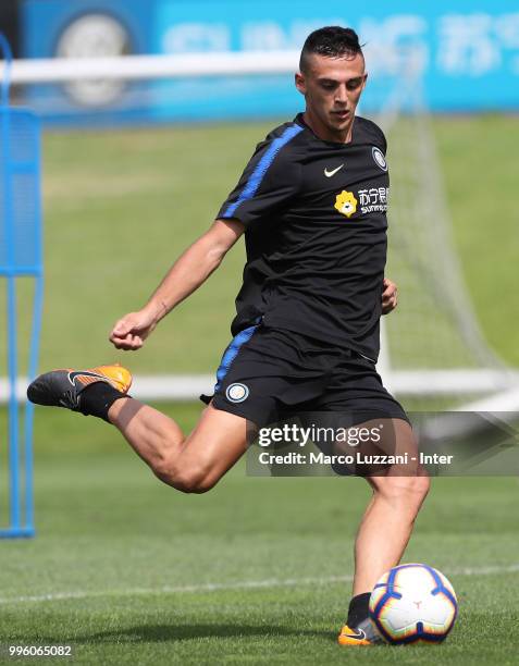 Gabriele Zappa of FC Internazionale kicks a ball during the FC Internazionale training session at the club's training ground Suning Training Center...