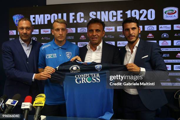 Riccardo Pecini , Antonino La Gumina , Fabrizio Corsi president of Empoli FC and Pietro Accardi during the press conference on July 11, 2018 in...