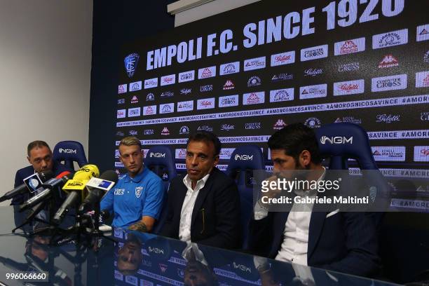 Riccardo Pecini , Antonino La Gumina, Fabrizio Corsi president of Empoli FC and Pietro Accardi during the press conference on July 11, 2018 in...