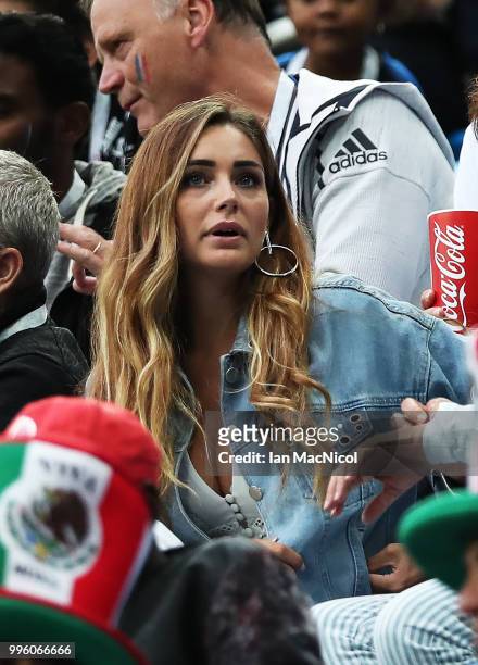Charlotte Pirroni girlfriend of Florian Thauvin of France is seen during the 2018 FIFA World Cup Russia Semi Final match between Belgium and France...