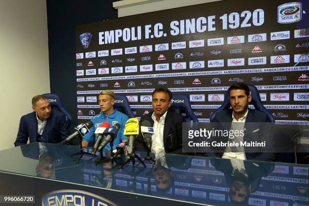Riccardo Pecini , Antonino La Gumina, Fabrizio Corsi president of Empoli FC and Pietro Accardi on July 11, 2018 in Empoli, Italy.