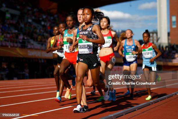 Tomomi Musembi Takamatsu of Japan leads the group in the women 5000m final on day one of The IAAF World U20 Championships on July 10, 2018 in...