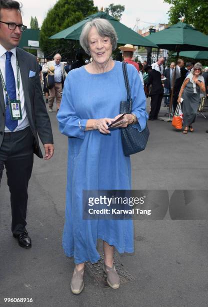 Dame Maggie Smith attends day nine of the Wimbledon Tennis Championships at the All England Lawn Tennis and Croquet Club on July 11, 2018 in London,...
