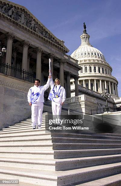 Gold medalists Mike Eruzione of the 1980 Hockey Team and Nikki Stone from the 1998 Freestyle Ski Team, along with the Salt Lake City Organizing...