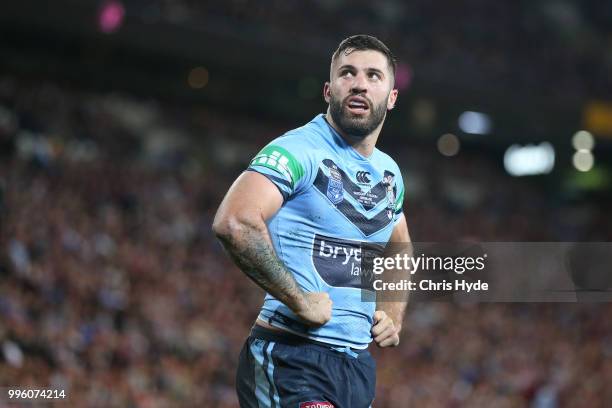 James Tedesco of the Blues looks on during game three of the State of Origin series between the Queensland Maroons and the New South Wales Blues at...