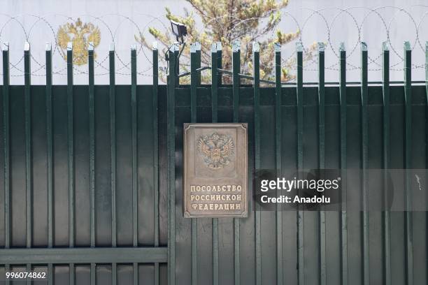 The entrance of the Embassy of Athens is seen in Athens, Greece on July 11, 2018. The Greek government took the decision to sanction 4 Russian...