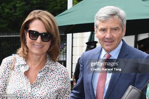 Carole Middleton and Michael Middleton attend day nine of the Wimbledon Tennis Championships at the All England Lawn Tennis and Croquet Club on July...