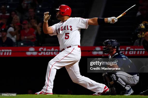 Albert Pujols of the Los Angeles Angels of Anaheim at bat during the MLB game against the Seattle Mariners at Angel Stadium on July 10, 2018 in...