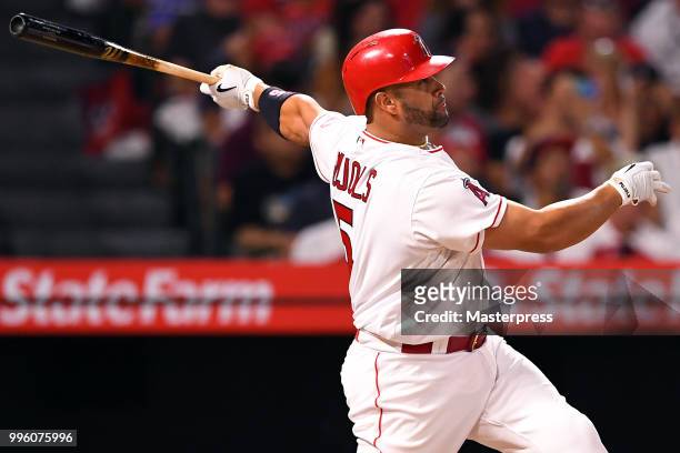 Albert Pujols of the Los Angeles Angels of Anaheim at bat during the MLB game against the Seattle Mariners at Angel Stadium on July 10, 2018 in...