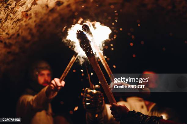 knights and fire - medieval torches stock pictures, royalty-free photos & images