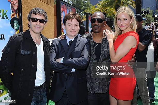 Actors Antonio Banderas, Mike Myers, Eddie Murphy and Cameron Diaz arrive at the premiere of DreamWorks Animation's "Shrek Forever After" at Gibson...