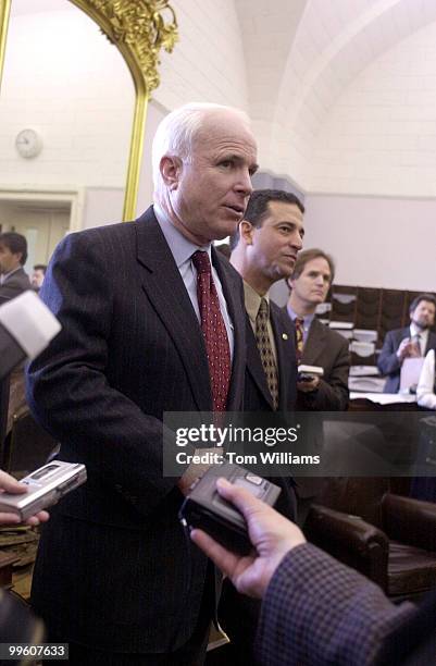 Sens. John McCain, R-AZ, and Russ Feingold, D-WI, talk to reporters in the Senate Press Gallery, about Campaign Finance Reform.