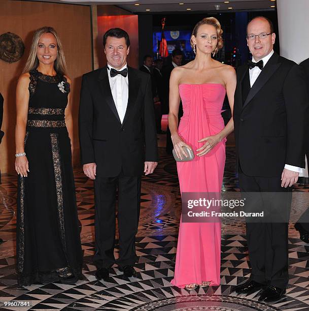 Mayor Christian Estrosi of Nice , Charlene Wittstock and Prince Albert II of Monaco arrive at the Monaco Formula One Grand Prix dinner at the Monte...