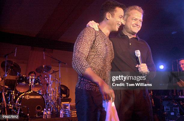 Mark Foley greets Jon Secada after a performance at the Congressman's Wednesday night party at Shampoo.