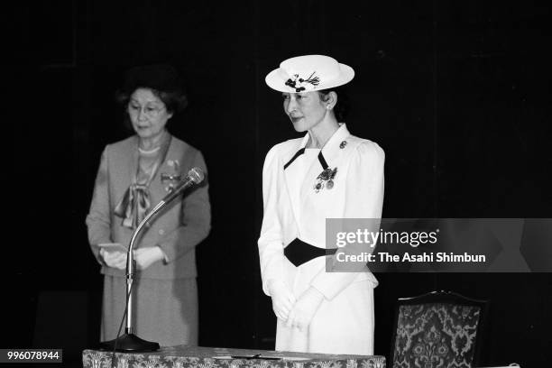 Crown Princess Michiko attends the Japan Red Cross Society Annual Meeting at Meiji Jingu Hall on May 14, 1986 in Tokyo, Japan.