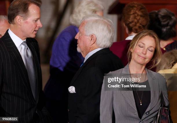 Rep. David Dreie, R-Calif, speaks to Merv Griffin while actress Bo Derek entertains another conversation at a ceremony in the Rotunda of the Capitol...